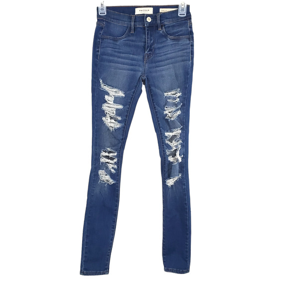 Pacsun Jeans Womens 23 Dark Wash Destroyed Ripped Faded Y2k Jeggings Skinny - Picture 1 of 12